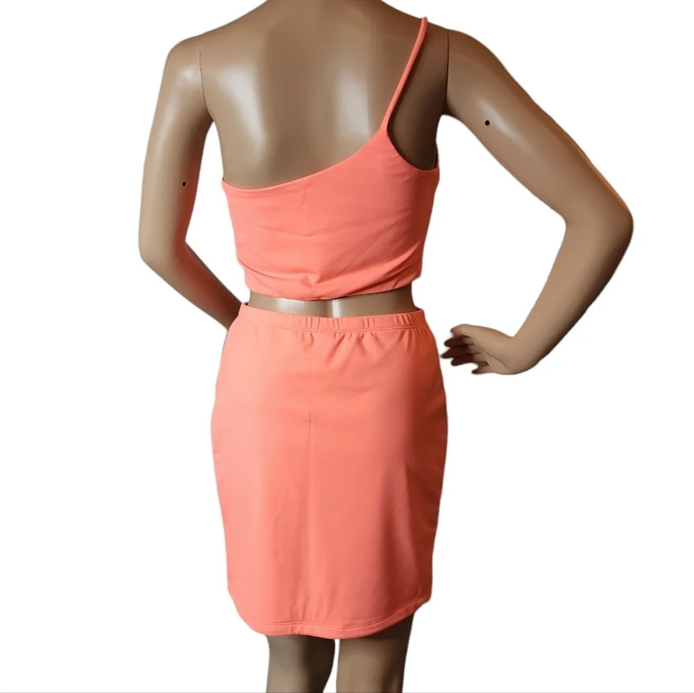 Salty 2 Peice Swimwear Resort Wear One Shoulder Crop Top Mini Skirt Coral L - Picture 7 of 14
